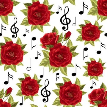 Seamless pattern with music notes and red roses 스톡 일러스트