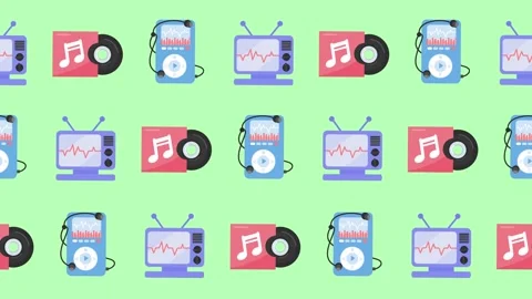 Seamless pattern of music, video, and media entertainment icons in a background 스톡 동영상 318606123