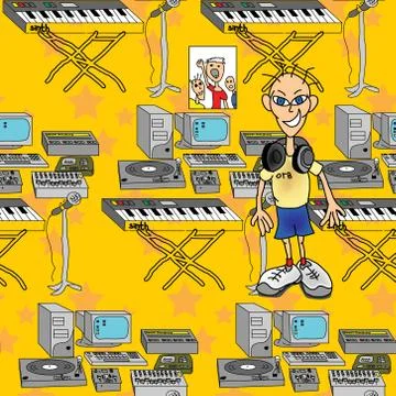 Seamless pattern of musical instruments and DJ Stock Illustration