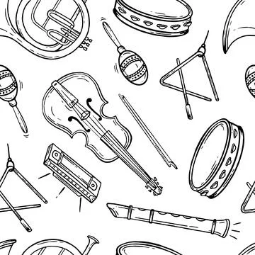 Seamless pattern musical instruments Hand drawn Vector black and white doodle Stock Illustration