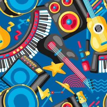 Seamless pattern with musical instruments. Music party background. Stock Illustration