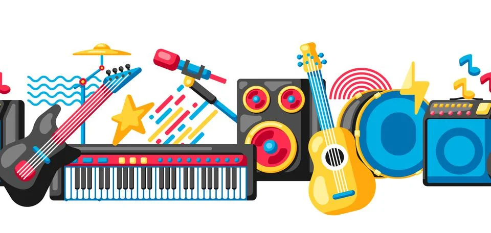 Seamless pattern with musical instruments. Music party background. Stock Illustration