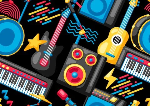 Seamless pattern with musical instruments. Music party background. Illustrazione stock