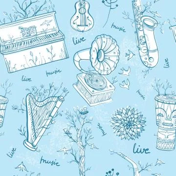 Seamless pattern with musical instruments, trees, birds. Illustration of li.. Stock Illustration
