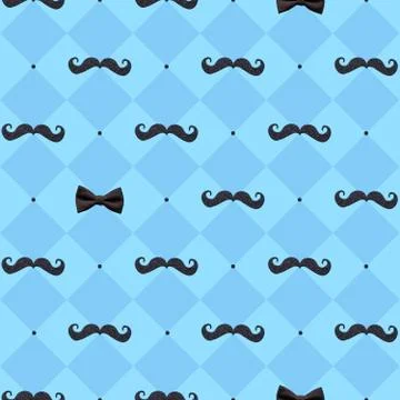 Seamless pattern mustache and bow tie pattern on blue background for father's 스톡 일러스트