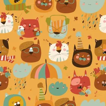 Seamless pattern with muzzles cats and autumn elements Stock Illustration