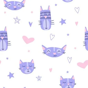 Seamless pattern with muzzles of cats and heart. Flat cartoon vector illust.. Stock Illustration