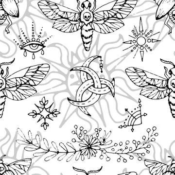 Seamless pattern with mysterious symbols, moth Stock Illustration