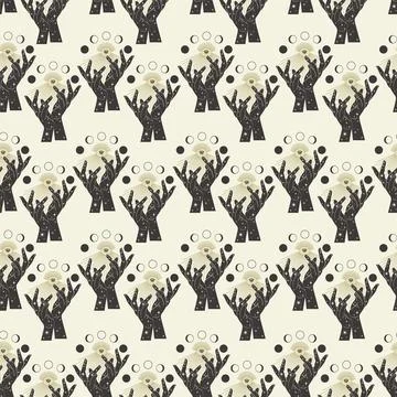 Seamless pattern with mystic eye hands on beige background. Vector tribal Stock Illustration