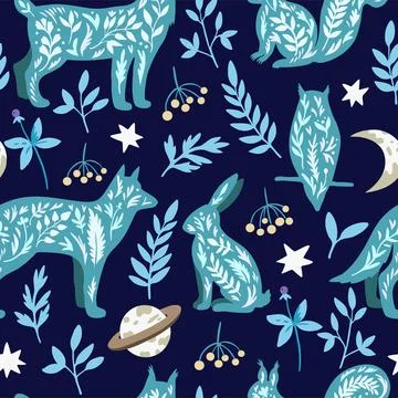Seamless pattern with mystic wild animals in doodle boho scandinavian style, owl Stock Illustration