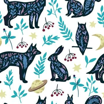 Seamless pattern with mystic wild animals in doodle boho scandinavian style, owl Illustrazione stock