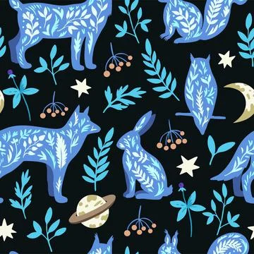 Seamless pattern with mystic wild animals in doodle boho scandinavian style, owl Illustrazione stock