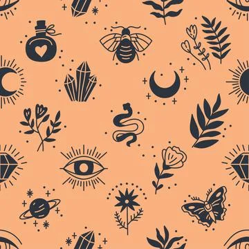Seamless pattern of Mystical and Astrology objects in boho style Illustrazione stock