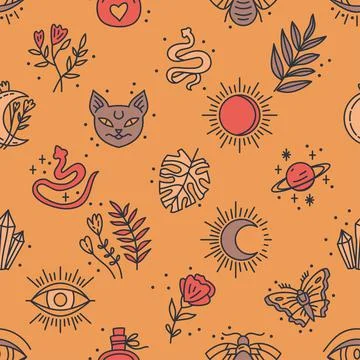 Seamless pattern of Mystical and Astrology objects in boho style Stock Illustration