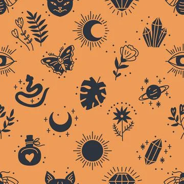 Seamless pattern of Mystical and Astrology objects in boho style Stock Illustration