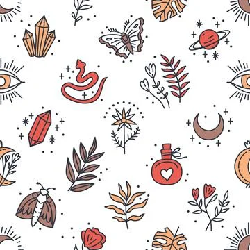 Seamless pattern of Mystical and Astrology objects in boho style 스톡 일러스트