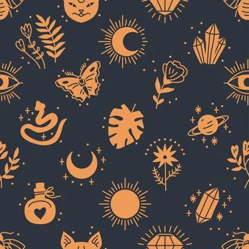 Seamless pattern of Mystical and Astrology objects in boho style イラスト素材