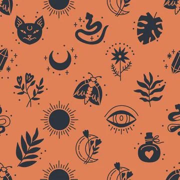 Seamless pattern of Mystical and Astrology objects in boho style Stock Illustration