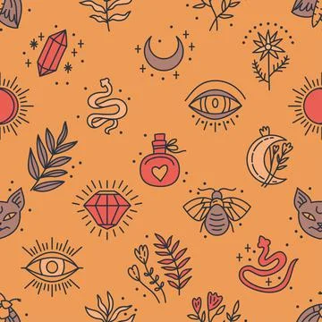 Seamless pattern of Mystical and Astrology objects in boho style Stock Illustration