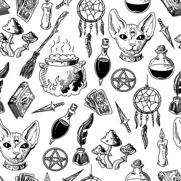 Seamless pattern with mystical and mysterious objects. drawing in the sketch  스톡 일러스트