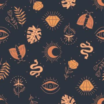 Seamless pattern with mystical boho elements in lineart style Illustrazione stock