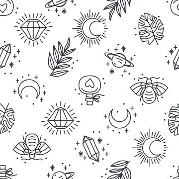 Seamless pattern with mystical boho elements in lineart style Stock Illustration