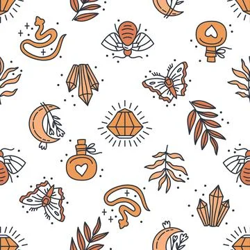 Seamless pattern with mystical boho elements in lineart style Illustrazione stock