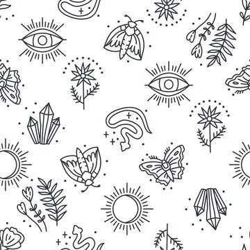 Seamless pattern with mystical boho elements in lineart style Stock Illustration
