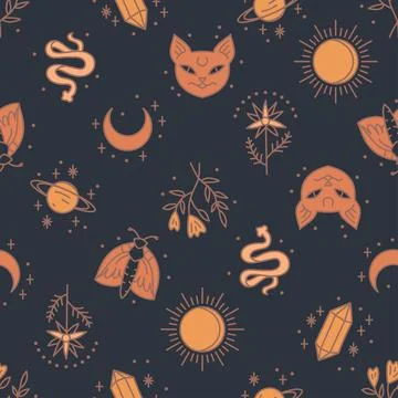 Seamless pattern with mystical boho elements in lineart style Illustrazione stock