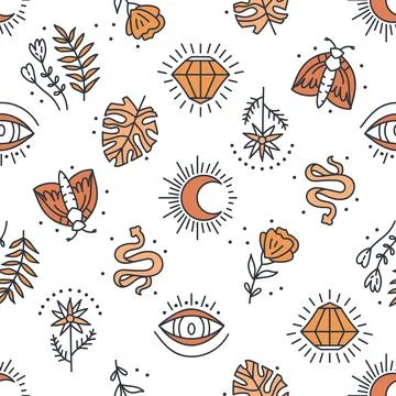 Seamless pattern with mystical boho elements in lineart style Illustrazione stock