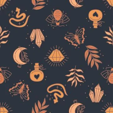 Seamless pattern with mystical boho elements in lineart style Illustrazione stock