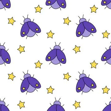 Seamless pattern with mystical bugs and stars. Celestial violet insects Stock Illustration