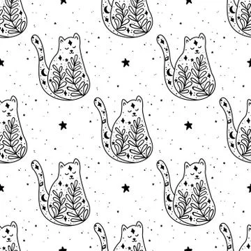Seamless Pattern Mystical cat with moon and stars. Tattoo art style. Stars, c Stock Illustration