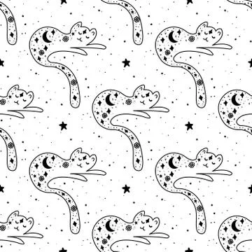 Seamless Pattern Mystical cat with moon and stars. Tattoo art style. Stars, c Stock Illustration