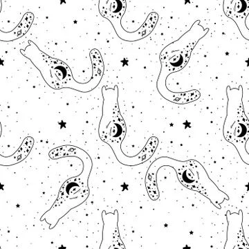 Seamless Pattern Mystical cat with moon and stars. Tattoo art style. Stars, c Stock Illustration