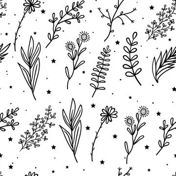 Seamless Pattern Mystical flowers and branches and leaves with stars. Hand dr Stock Illustration