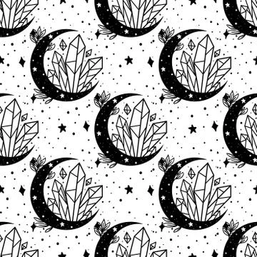Seamless Pattern Mystical moon with crystal and stars. Stars, constellations Stock Illustration