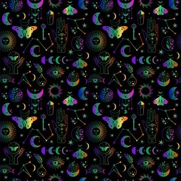 Seamless pattern Mystical moon icons phases and woman hands and moth, alche.. Stock Illustration