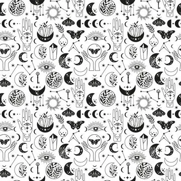 Seamless pattern Mystical moon phases and woman hands and moth, alchemy eso.. Stock Illustration