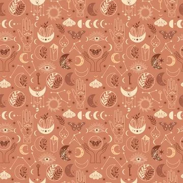 Seamless pattern Mystical moon phases and woman hands and moth, alchemy eso.. Illustrazione stock