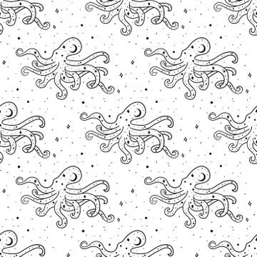 Seamless Pattern Mystical octopus with moon and stars. Stars, constellations Stock Illustration