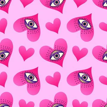 Seamless pattern with mystical pink hearts with mystical eyes Stock Illustration