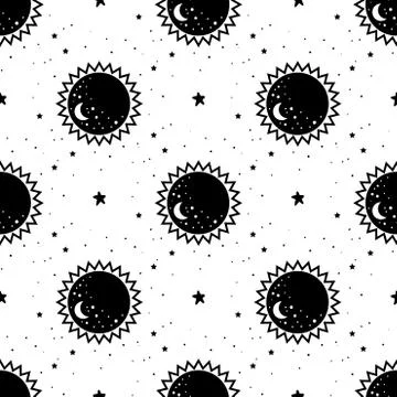 Seamless Pattern Mystical planet with stars and moon. Stars, constellations,  Stock Illustration