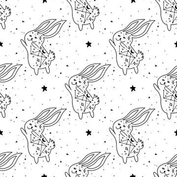 Seamless Pattern Mystical rabbit with moon and stars. Mystic, alchemy, occult Stock Illustration