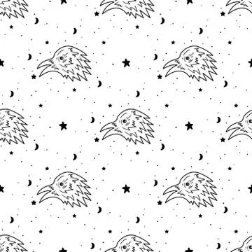 Seamless Pattern Mystical raven with moon and stars. Stars, constellations, m Stock Illustration