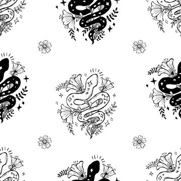 Seamless Pattern with Mystical Snake and Flowers on White Background. Repea.. 스톡 일러스트