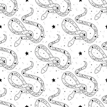 Seamless Pattern Mystical snake with moon and stars. Magic alchemy snake desi Stock Illustration