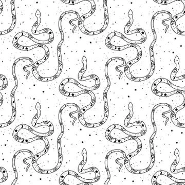 Seamless Pattern Mystical snake with moon and stars. Magic alchemy snake desi Stock Illustration