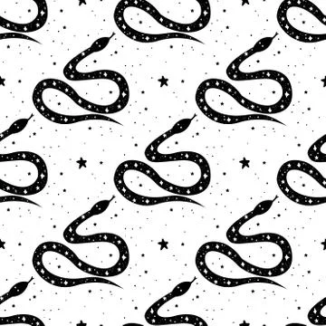 Seamless Pattern Mystical snake with moon and stars. Magic alchemy snake desi Stock Illustration
