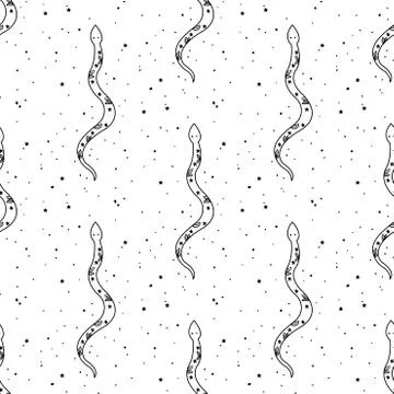 Seamless Pattern Mystical snake with moon and stars. Magic alchemy snake desi Stock Illustration